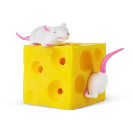 Stretchy Cheese and Mice toy with two white mice and a yellow block of cheese made from flexible Hyperflex material.