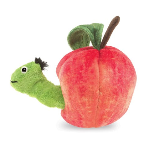 Worm in Apple Finger Puppet soft plush toy with a green worm peeking out of a red apple for kids ages 3 and up.