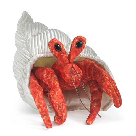 Hermit Crab Finger Puppet with textured white shell and bright orange crab body for interactive children's play.