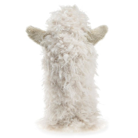 Fluffy fleeced Alpaca Stage Puppet with woolly soft plush and gentle features, shown from the back.