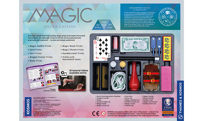 Magic Set Silver Edition with high-quality magic props, cards, coins, and a 72-page instruction manual for 100 tricks.