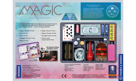 Magic Set Silver Edition with high-quality magic props, cards, coins, and a 72-page instruction manual for 100 tricks.