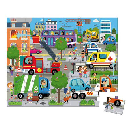 36pc City Suitcase Puzzle showing a colorful city scene with vehicles, people, and buildings in a 36-piece cardboard puzzle.