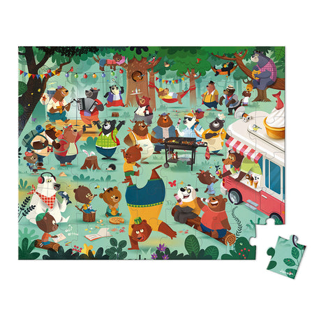 54pc Bear Family Suitcase Puzzle showing colorful bears enjoying a festive picnic with music and food in a forest clearing.