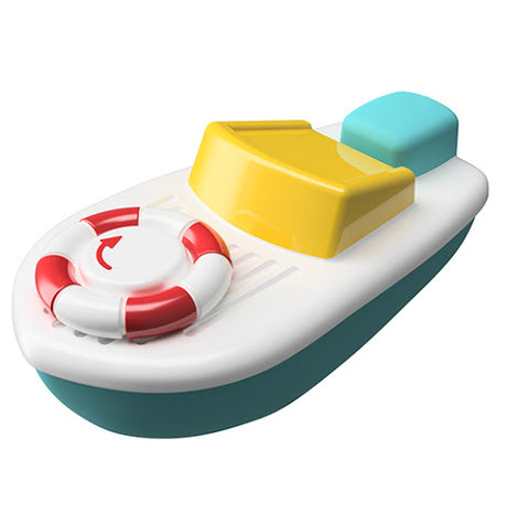 Twist n Sail Boat with red and white life buoy, designed for water play and teaching cause and effect to toddlers.