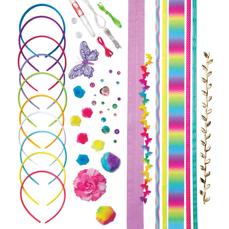 Fashion Headbands set with colorful headbands, ribbons, flowers, pom poms, and butterfly accessories for creative styling.