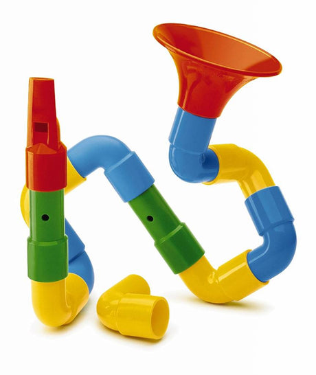 Colorful interlocking pieces form a flexible musical instrument with mouthpiece in the Saxoflute construction toy set.