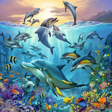 49pc Ocean Life Puzzles showing colorful dolphins and tropical fish in a vibrant underwater ocean scene.