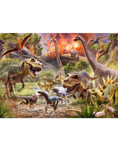 60pc Dinosaur Dash Puzzle featuring colorful dinosaurs in a prehistoric landscape with erupting volcano and lush greenery.