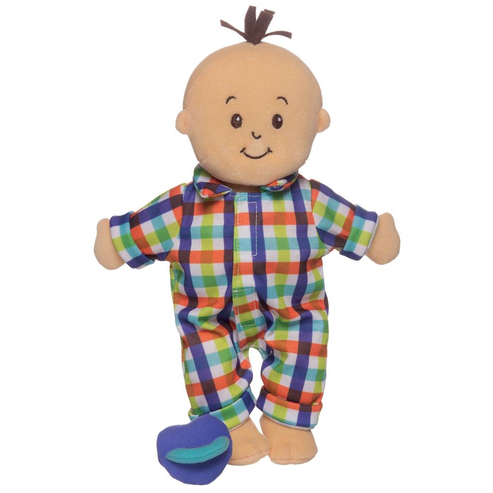 Wee Baby Stella Fella soft 12 inch baby doll in colorful flannel pjs with embroidered face and fleece hair for ages 12 months+