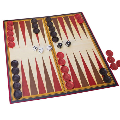 Classic Backgammon board game with red and black movers, dice, and doubling die for ages 6 and up.