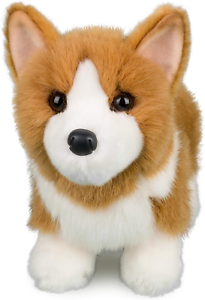 Corgi Louie plush with fluffy tan and white fur, jumbo ears, and stumpy paws, perfect for cuddling and play.