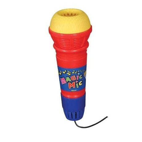 Magic Mic echo microphone toy in red, yellow, and blue that amplifies and echoes your voice without batteries.