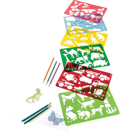 Colorful sheets of assorted stencils featuring animals and objects with pencils for creative drawing, titled Stencils.
