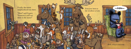 Bruce's Big Storm shows Bruce and many woodland animals gathered inside his cozy home during a storm.