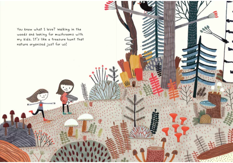 Illustrated forest scene with children exploring mushrooms, from the book The Mushroom Fan Club.