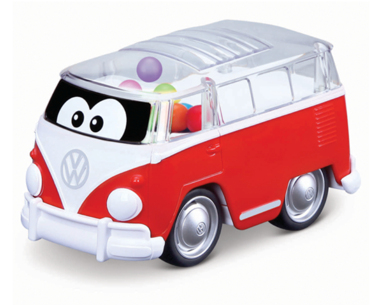 Volkswagen Poppin Bus toy in red and white with colorful balls inside and kid-powered pull-back action.