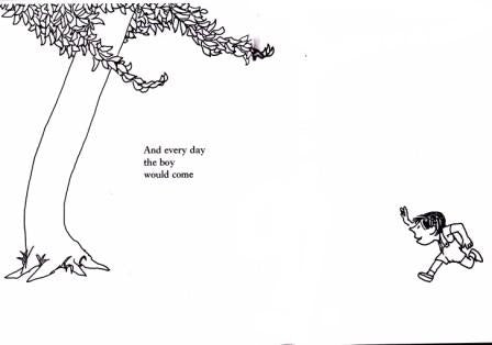 Illustration from The Giving Tree showing a boy running toward a large tree with hanging branches and text "And every day the boy would come.