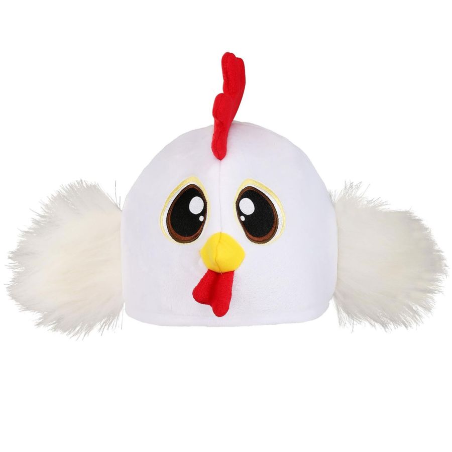 Chicken Hat featuring big embroidered eyes, stuffed beak, fluffy wings, and a red comb on top for fun wear.