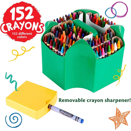 Ultimate Crayon Collection with 152 vibrant crayons in a green four-sided case and removable yellow sharpener included.
