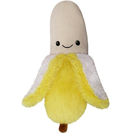 Banana plush toy with a smiling face, soft yellow peel, and white fuzzy inside, perfect for kids ages 3 and up.