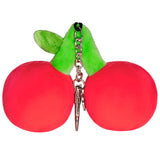 Cherries Micro plush keychain with bright red cherries and green leaves, made of soft polyester fiber, 3 inches tall.