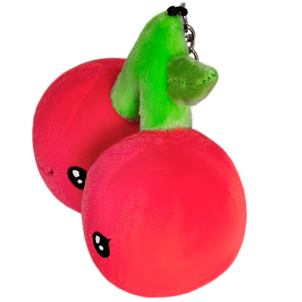 Cherries Micro plush keychain with bright red cherries and green stems, made of soft polyester fiber, 3 inches tall.