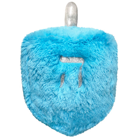 Soft blue furry dreidel toy with silver top and Hebrew letter, Dreidel Mini for ages 3 and up.