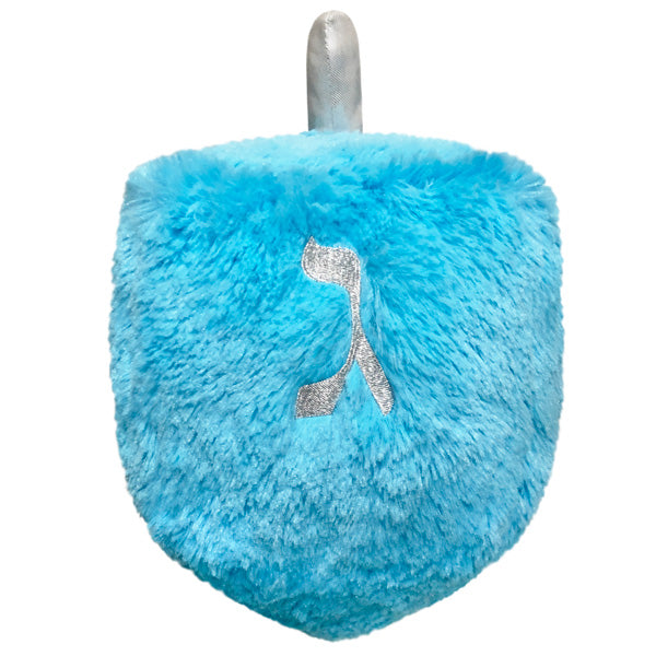 Dreidel Mini plush toy in bright blue fur with silver Hebrew letter and handle, soft and cuddly for kids ages 3 and up.