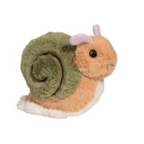 Snail Shelby plush toy with soft orange body and green spiral shell, measuring 8 inches in length.