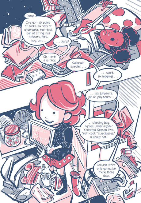 Illustration from Sanity and Tallulah: Field Trip #2 showing characters packing essentials for their space adventure.