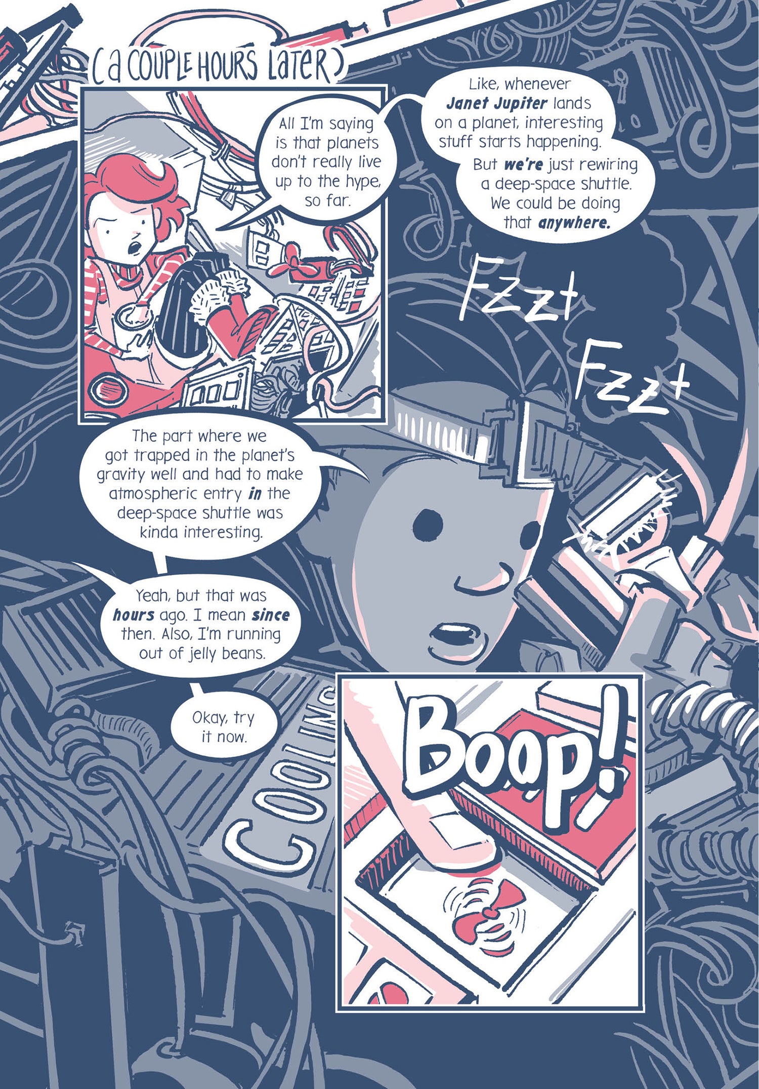 Sanity and Tallulah: Field Trip #2 comic page showing spaceship controls and characters discussing space shuttle repairs.