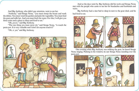 Strega Nona book illustration showing Big Anthony with magic pasta pot and Grandma Witch in a cozy Calabrian home