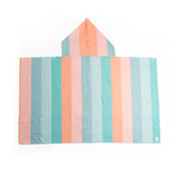 Hooded Towel Popsicle with colorful stripes, soft fabric, poncho style, and cozy hood for kids ages 3 to 12.