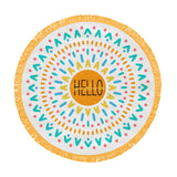 Round Beach Towel Hello Sun with 5-foot circular design, soft fabric, colorful pattern, and hand-dyed fringe perfect for beach use.