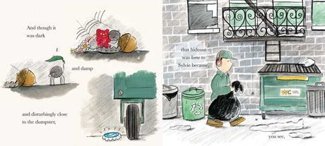Sylvie picture book illustration showing a small spider under a fire escape near a dumpster watching an apartment building.