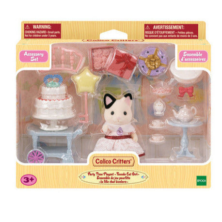 Party Time Playset with Tuxedo Cat Lily in party dress, two-tier cake, tea set, cart, balloon, and accessories.
