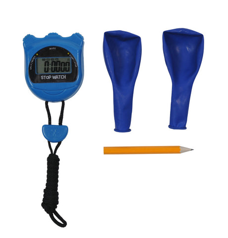 Beat the Clock | Stopwatch Set with blue stopwatch, two blue balloons, and an orange pencil for timing challenges.