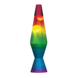 Lava Lamp | Rainbow with white wax, clear liquid, tri-colored globe, and rainbow decal base and cap providing soft light.