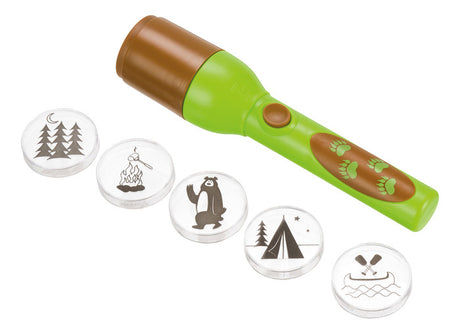 Wildlife Tent Projector with 5 interchangeable image disks including campfire, bear, tent, and canoe paddle designs.