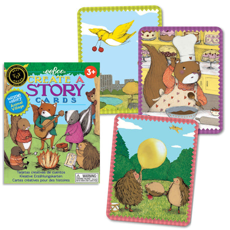 Create A Story | Animal Village card set featuring illustrated animals in playful scenes for imaginative story creation.