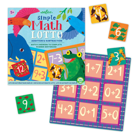 Simple Math Bingo game with colorful animal illustrations, addition and subtraction math problems, and double-sided boards.