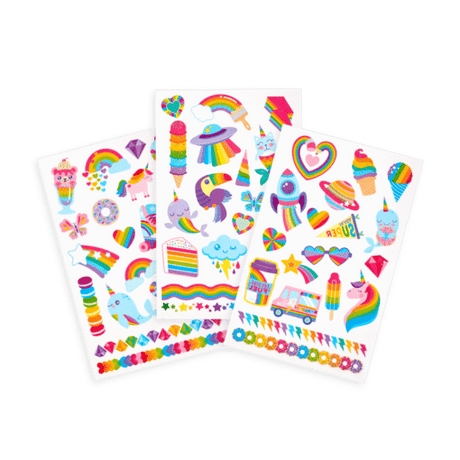 Over the Rainbow Tattoos featuring colorful rainbow hearts, unicorns, ice cream, and fun glitter temporary tattoo sheets.