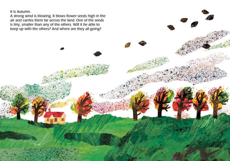 Illustration from The Tiny Seed showing autumn landscape with colorful trees and seeds blowing in the wind across the land.