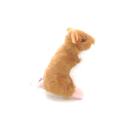 Soft tan and white plush stuffed animal with beady eyes, side view of Hamster Brushy toy by Douglas.