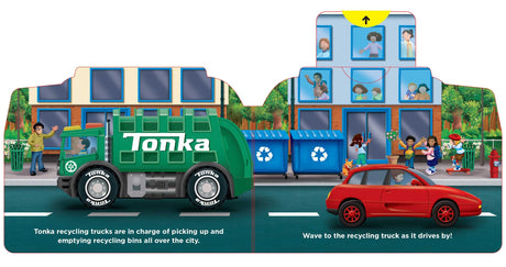 Let's Drive a Garbage Truck board book illustration featuring a green Tonka recycling truck and city scene.