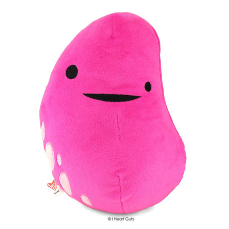 Bright pink plush toy shaped like a tonsil with a friendly face, measuring 9.5 x 6 x 4.5 inches, Tonsil.