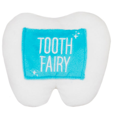 White tooth-shaped plush with a blue pocket labeled "Tooth Fairy Pillow" perfect for holding lost teeth or treasures.