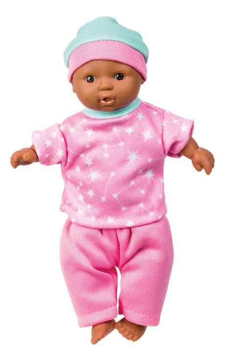 Mini Baby doll wearing pink star-patterned outfit and mint hat, soft-bodied and perfect for ages 1 and up.
