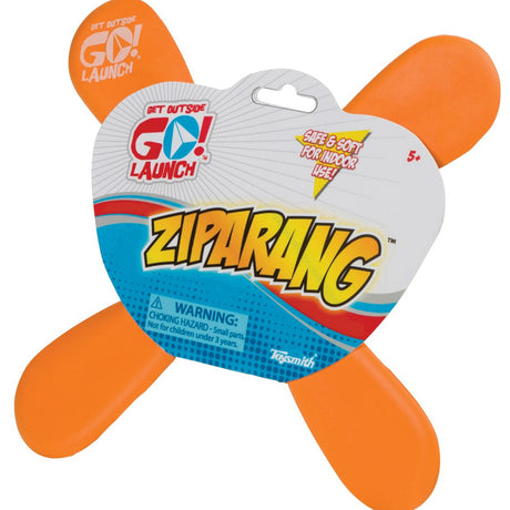 Boomerang Ziparang in bright orange soft foam, safe for indoor fun, ages 5 and up, sold individually.